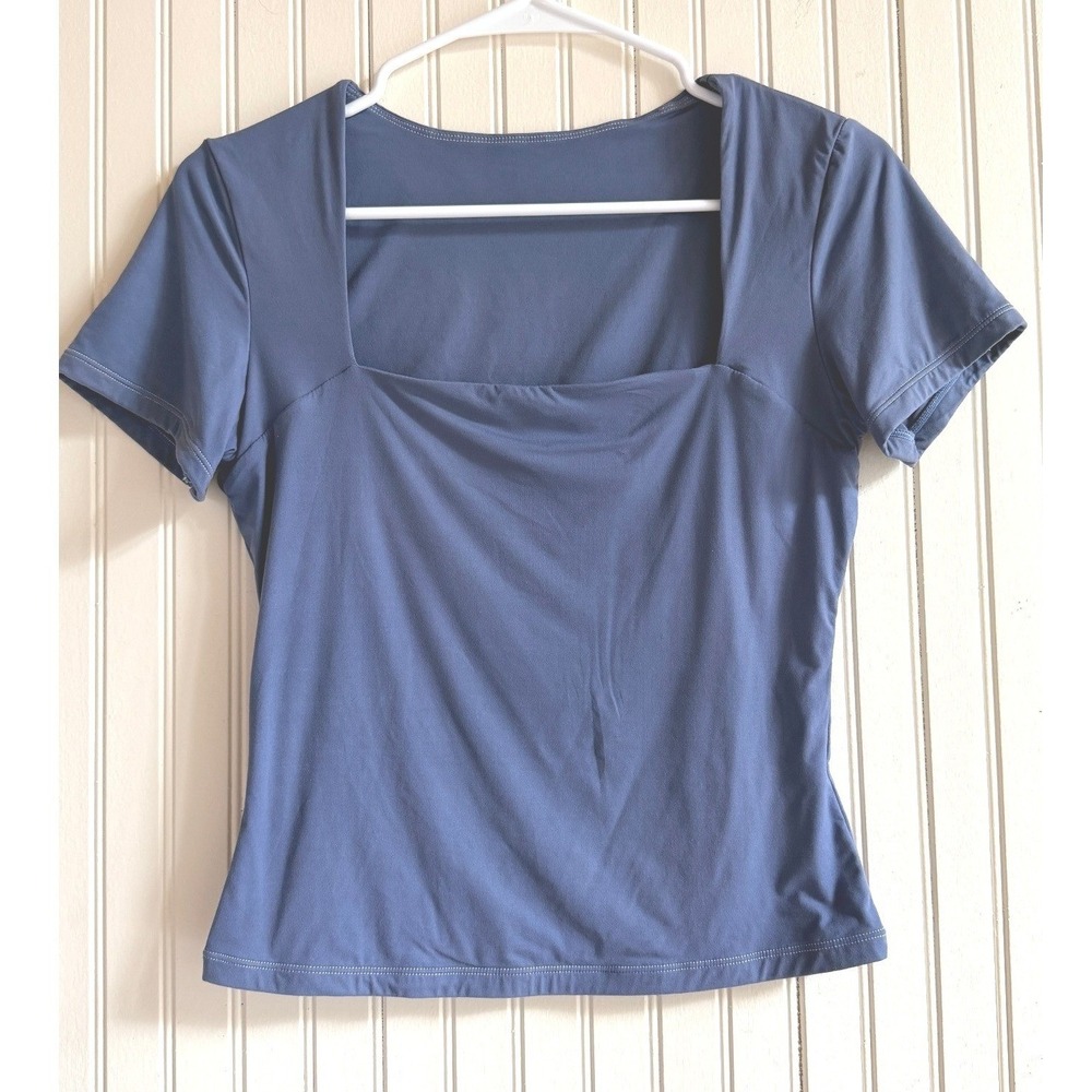 Active Square Neck Short Sleeve Top‎ Dusty Blue Stretch Slim Fit M